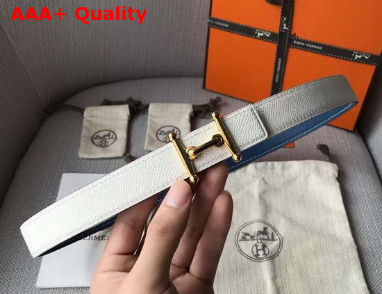 Hermes Mors H Belt Buckle and Reversible Leather Strap 24mm in Swift and Epsom Calfskin Blue and White Replica