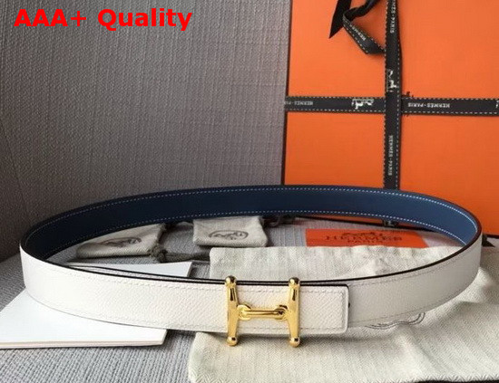 Hermes Mors H Belt Buckle and Reversible Leather Strap 24mm in Swift and Epsom Calfskin Blue and White Replica