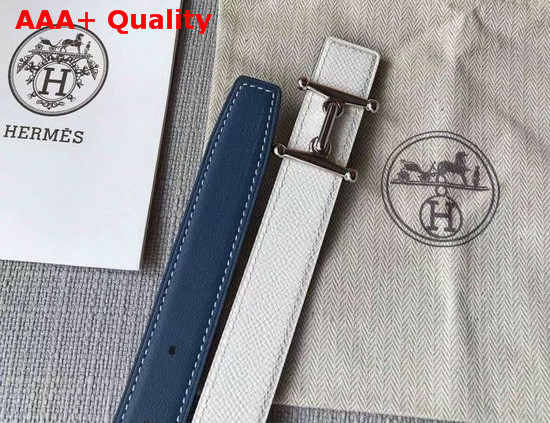 Hermes Mors H Belt Buckle and Reversible Leather Strap 24mm in Swift and Epsom Calfskin Blue and White Replica