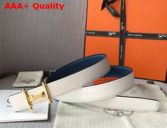 Hermes Mors H Belt Buckle and Reversible Leather Strap 24mm in Swift and Epsom Calfskin Blue and White Replica