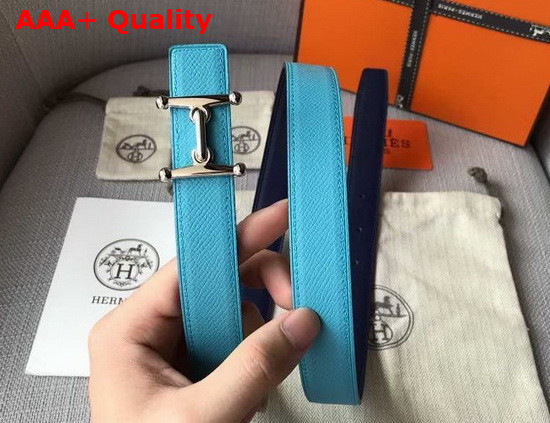 Hermes Mors H Belt Buckle and Reversible Leather Strap 24mm in Swift and Epsom Calfskin Navy Blue and Light Blue Replica