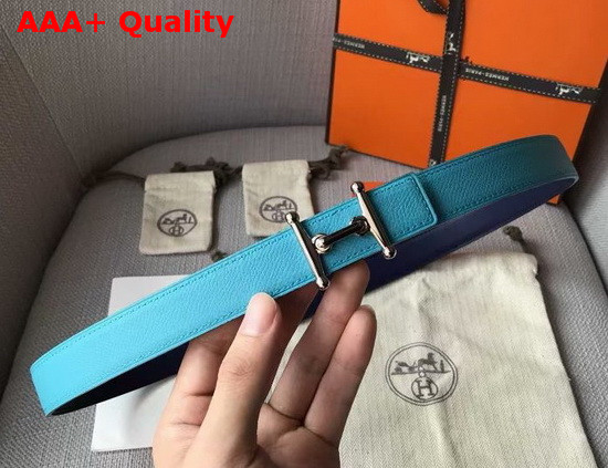 Hermes Mors H Belt Buckle and Reversible Leather Strap 24mm in Swift and Epsom Calfskin Navy Blue and Light Blue Replica