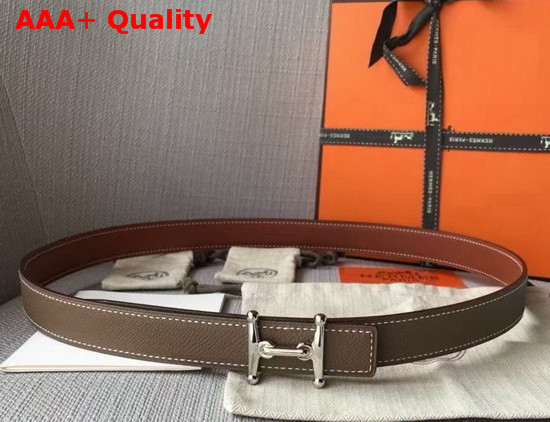 Hermes Mors H Belt Buckle and Reversible Leather Strap 24mm in Swift and Epsom Calfskin Tan and Grey Replica