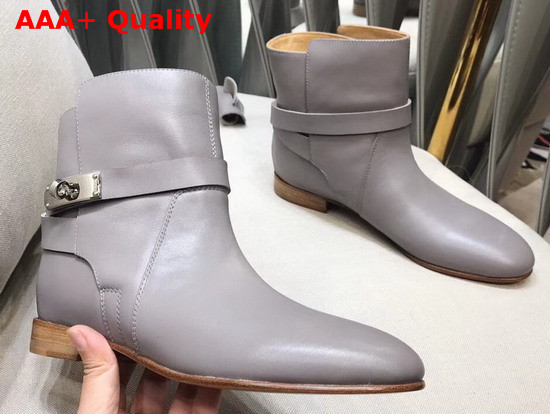 Hermes Neo Ankle Boot in Grey Calfskin with Iconic Buckle and Wrap Around Ankle Strap Replica