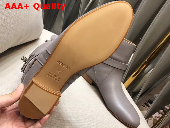 Hermes Neo Ankle Boot in Grey Calfskin with Iconic Buckle and Wrap Around Ankle Strap Replica