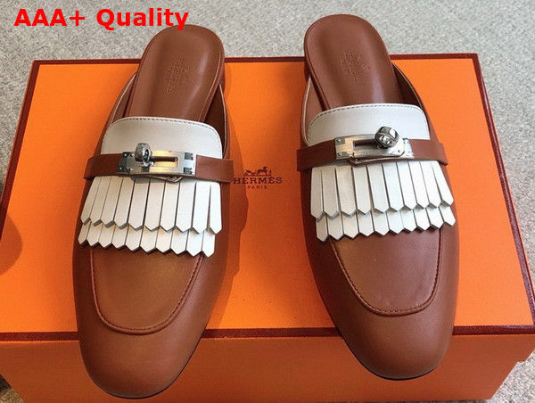 Hermes OZ Mule Gold and Blanc Fringed Calfskin Replica