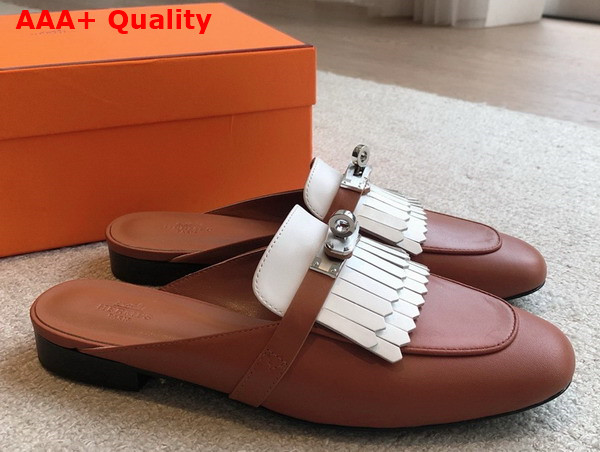 Hermes OZ Mule Gold and Blanc Fringed Calfskin Replica