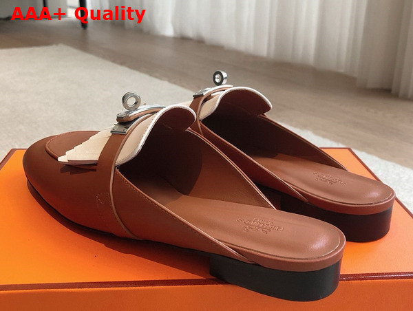 Hermes OZ Mule Gold and Blanc Fringed Calfskin Replica