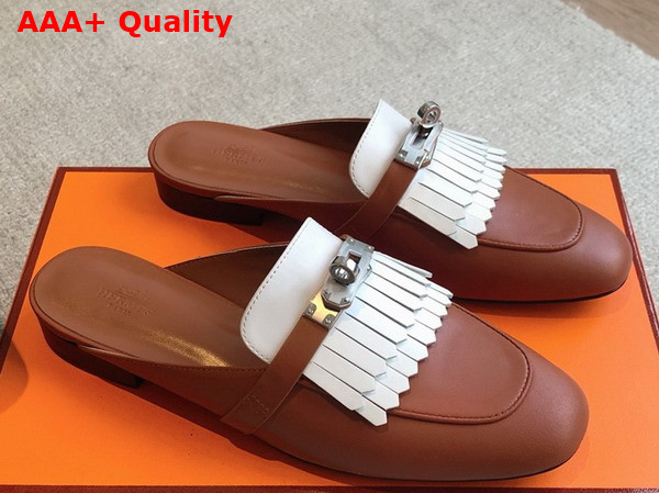 Hermes OZ Mule Gold and Blanc Fringed Calfskin Replica