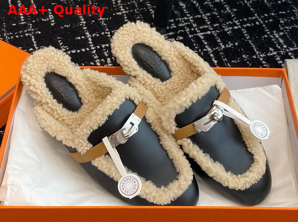 Hermes OZ Mule Noir Ecru Calfskin with Shearling Lining Replica