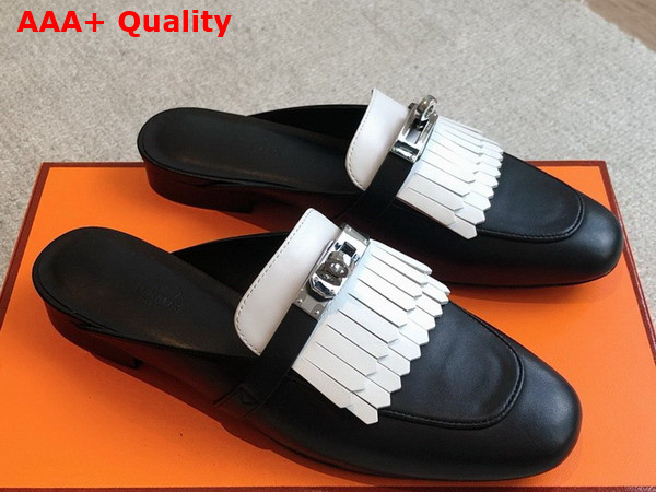 Hermes OZ Mule Noir and Blanc Fringed Calfskin Replica