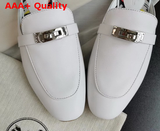 Hermes OZ Mule in Blanc Calfskin with Brides de Gala Shadow Printed Cotton Canvas Lining and Iconic Palladium Plated Buckle Replica