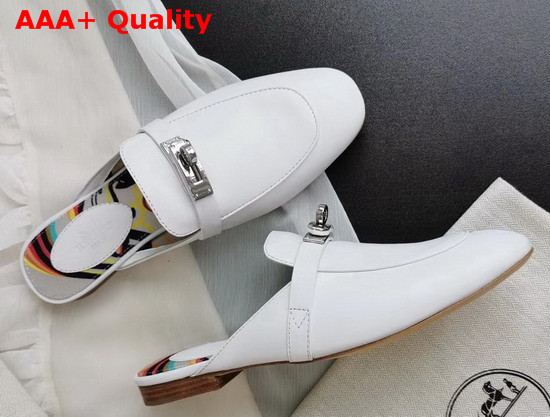 Hermes OZ Mule in Blanc Calfskin with Brides de Gala Shadow Printed Cotton Canvas Lining and Iconic Palladium Plated Buckle Replica