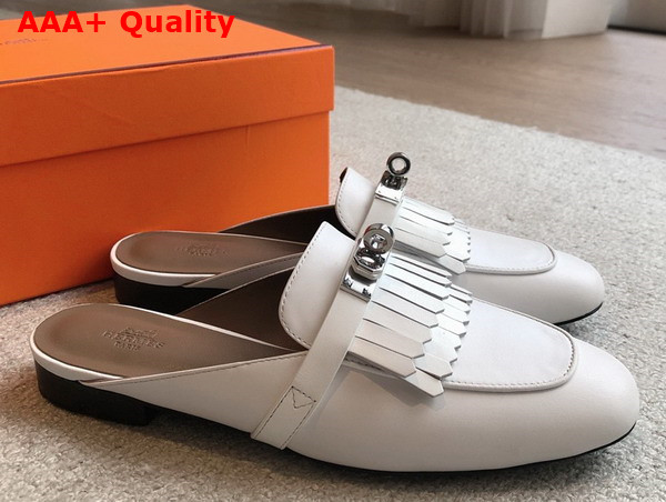 Hermes OZ Mule in Blanc Fringed Calfskin Replica