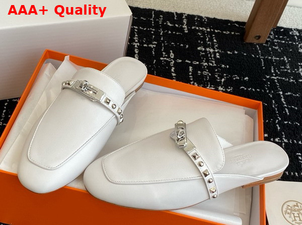 Hermes OZ Mule in Blanc Goatskin with Iconic Palladium Plated Kelly Buckle and Medor Studs Replica