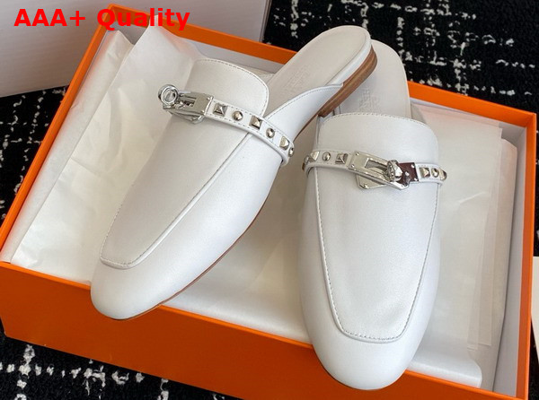 Hermes OZ Mule in Blanc Goatskin with Iconic Palladium Plated Kelly Buckle and Medor Studs Replica