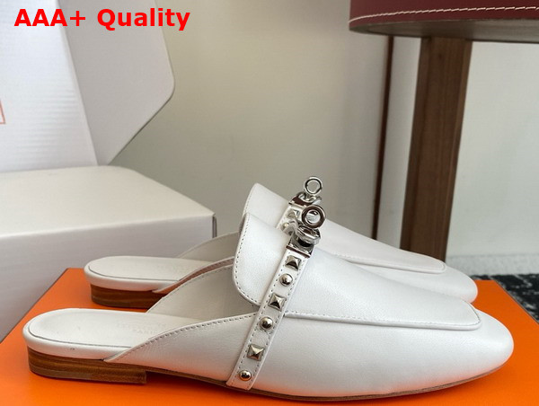 Hermes OZ Mule in Blanc Goatskin with Iconic Palladium Plated Kelly Buckle and Medor Studs Replica