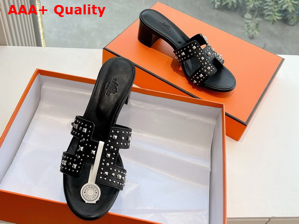 Hermes Oasis Sandal in Noir Calfskin with Medor Studs Replica