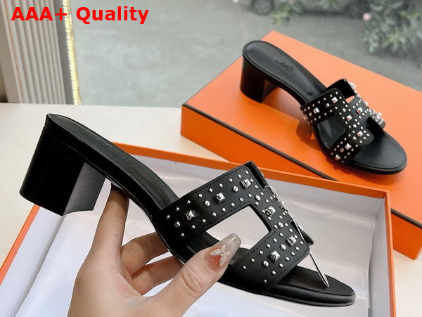 Hermes Oasis Sandal in Noir Calfskin with Medor Studs Replica