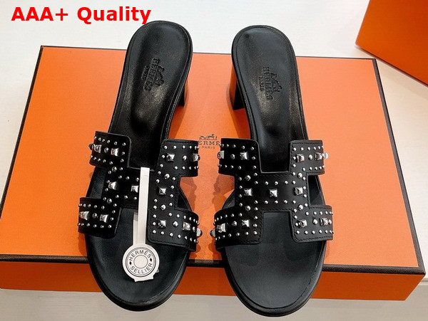 Hermes Oasis Sandal in Noir Calfskin with Medor Studs Replica