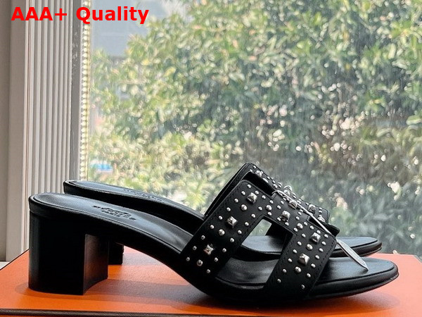 Hermes Oasis Sandal in Noir Calfskin with Medor Studs Replica