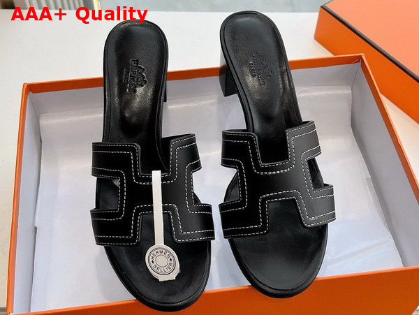 Hermes Oasis Sandal in Noir Embroidered Calfskin with Iconic H Cut Out Replica