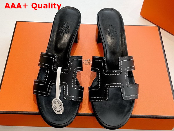 Hermes Oasis Sandal in Noir Embroidered Calfskin with Iconic H Cut Out Replica