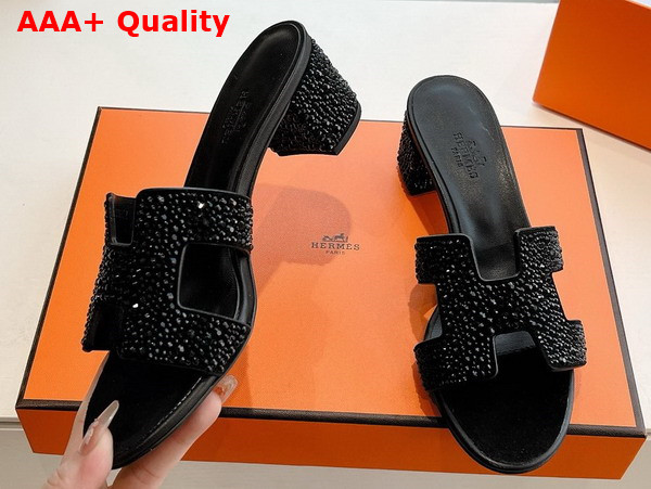 Hermes Oasis Sandal in Noir Suede Goatskin with Iconic H Cut Out and Rhinestone Details Replica