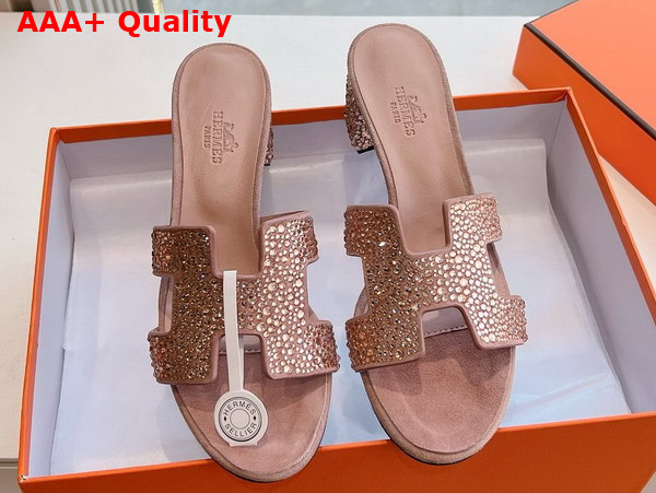 Hermes Oasis Sandal in Nude Suede Goatskin with Iconic H Cut Out and Rhinestone Details Replica