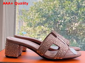 Hermes Oasis Sandal in Nude Suede Goatskin with Iconic H Cut Out and Rhinestone Details Replica