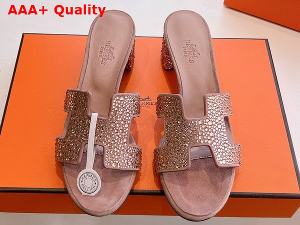 Hermes Oasis Sandal in Nude Suede Goatskin with Iconic H Cut Out and Rhinestone Details Replica
