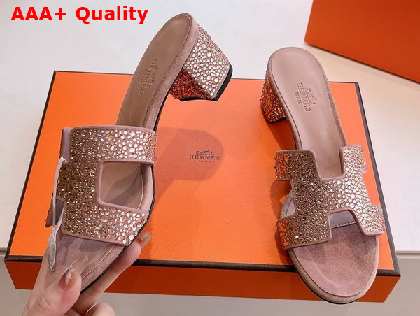 Hermes Oasis Sandal in Nude Suede Goatskin with Iconic H Cut Out and Rhinestone Details Replica