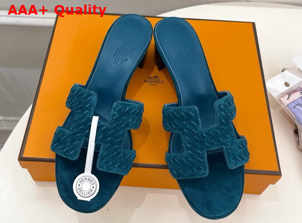 Hermes Oasis Sandal in Peacock Blue Braided Suede Goatskin Replica