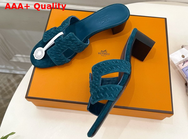 Hermes Oasis Sandal in Peacock Blue Braided Suede Goatskin Replica