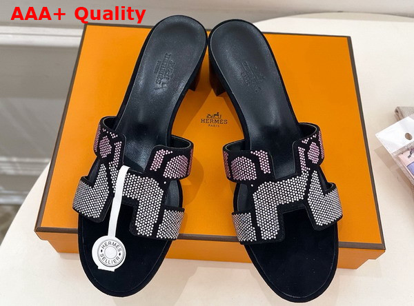 Hermes Oasis Sandal in Suede Goatskin with Iconic H Cut Out Detail and Figure Artistique Inspired Rhinestone Motif Replica