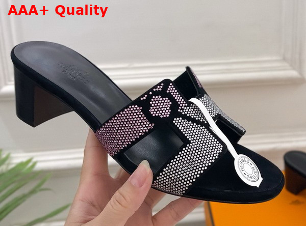 Hermes Oasis Sandal in Suede Goatskin with Iconic H Cut Out Detail and Figure Artistique Inspired Rhinestone Motif Replica