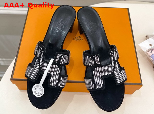 Hermes Oasis Sandal in Suede Goatskin with Iconic H Cut Out Detail and Figure Artistique Inspired Rhinestone Motif Replica