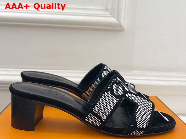 Hermes Oasis Sandal in Suede Goatskin with Iconic H Cut Out Detail and Figure Artistique Inspired Rhinestone Motif Replica