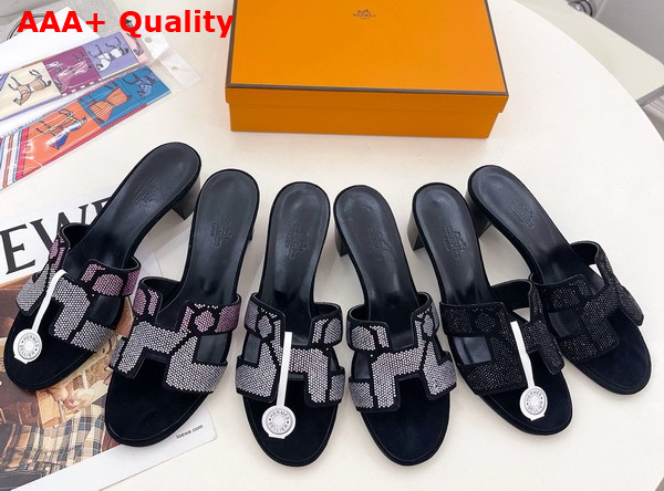 Hermes Oasis Sandal in Suede Goatskin with Iconic H Cut Out Detail and Figure Artistique Inspired Rhinestone Motif Replica