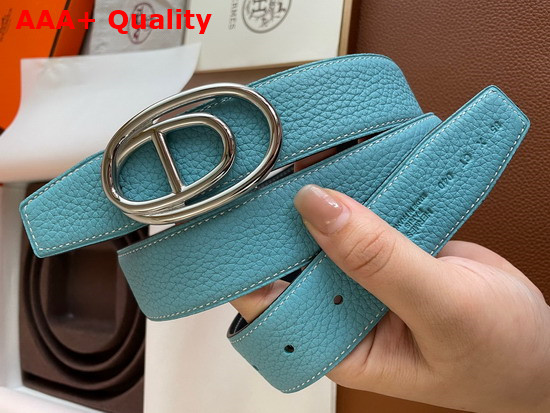 Hermes Odyssee Belt Buckle Reversible Leather Strap 32mm Light Blue Black Replica