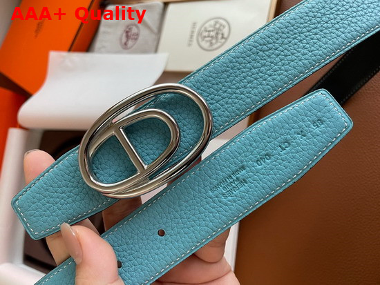 Hermes Odyssee Belt Buckle Reversible Leather Strap 32mm Light Blue Black Replica