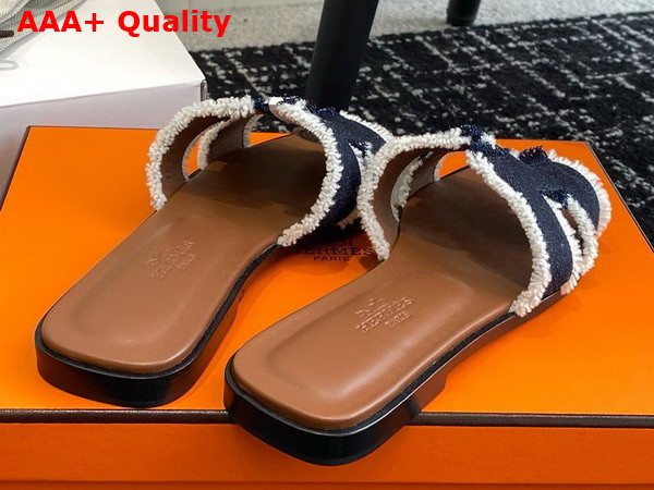 Hermes Oran Sandal Bleu Brut Fringed Denim Replica
