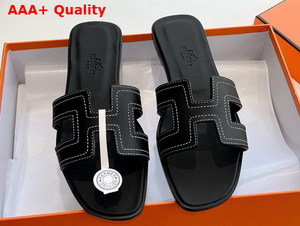 Hermes Oran Sandal in Black Embroidered Calfskin with Iconic H Cut Out Replica