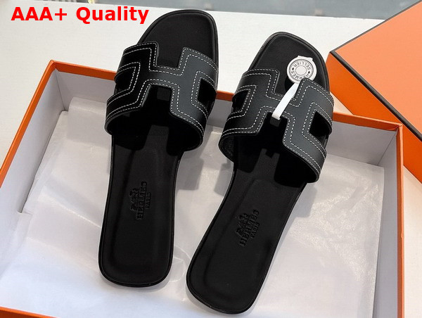 Hermes Oran Sandal in Black Embroidered Calfskin with Iconic H Cut Out Replica