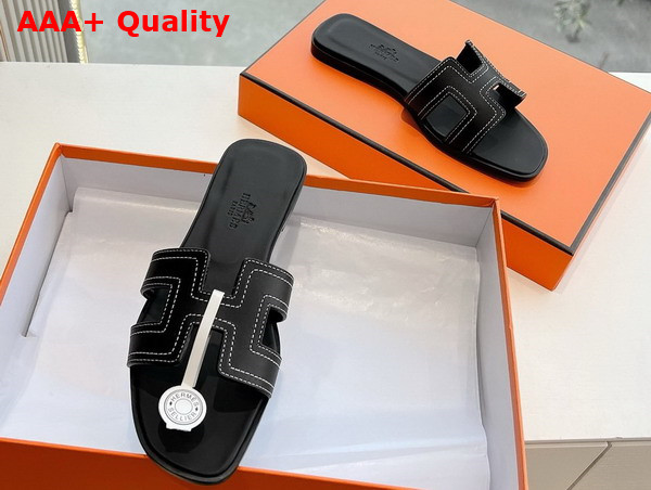 Hermes Oran Sandal in Black Embroidered Calfskin with Iconic H Cut Out Replica