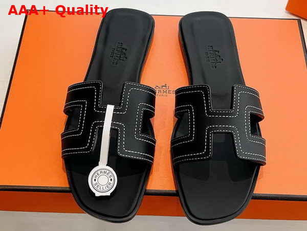 Hermes Oran Sandal in Black Embroidered Calfskin with Iconic H Cut Out Replica