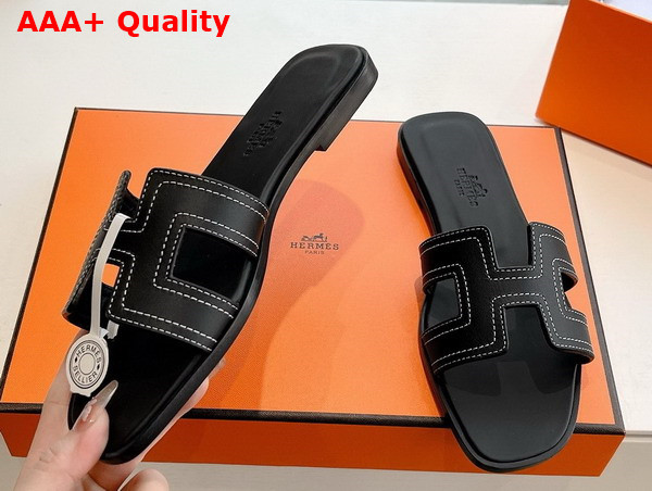 Hermes Oran Sandal in Black Embroidered Calfskin with Iconic H Cut Out Replica