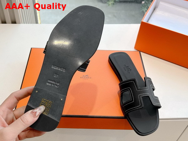 Hermes Oran Sandal in Black Embroidered Calfskin with Iconic H Cut Out Replica