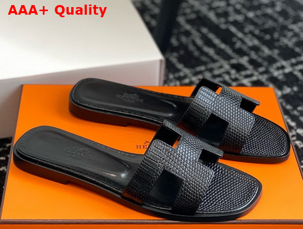 Hermes Oran Sandal in Black Lizard Effect Calfskin Replica