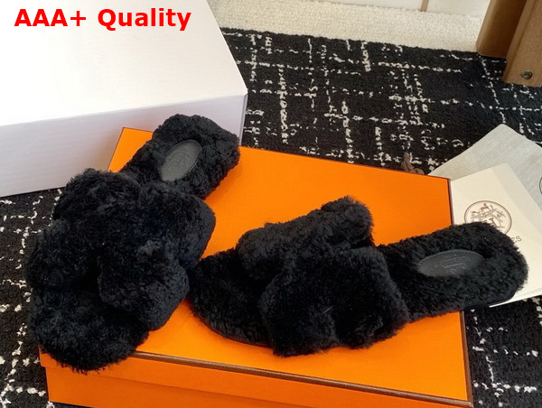 Hermes Oran Sandal in Black Teddy Shearling Replica